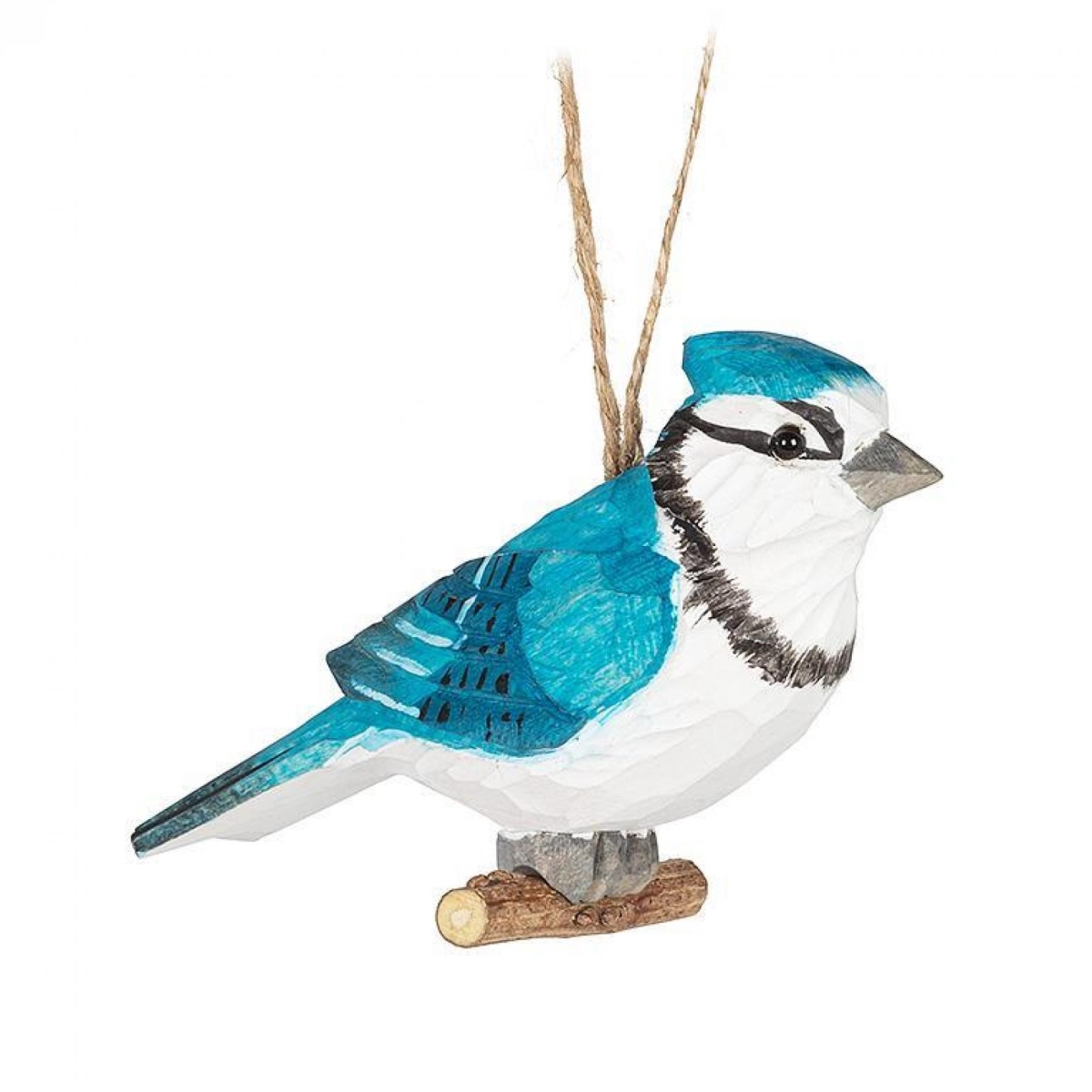 Blue Jay Carved Ornament - Blue & White - 5 in. - Rustic Holiday Decor