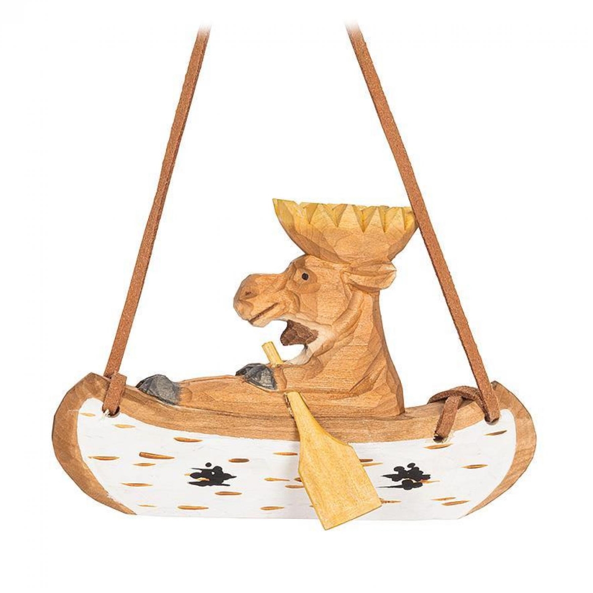 Moose in Canoe Ornament - Brown & White - 6 in. - Rustic Wood Design