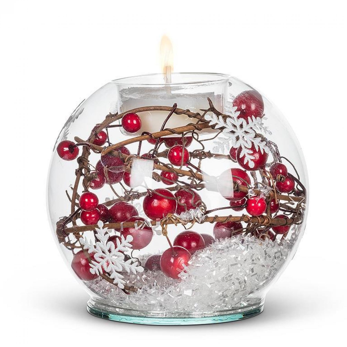 AB-18-VOTIVE-111 3.5 in. Berries & Snow in A Snowflake Patterned Globe Votive Candle Holder - Clear, White & Red