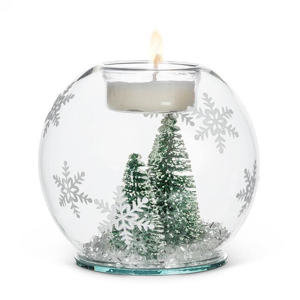 AB-18-VOTIVE-013 4 in. Snowy Brush Trees in A Snowflake Patterned Globe Votive Candle Holder - Clear, White & Green