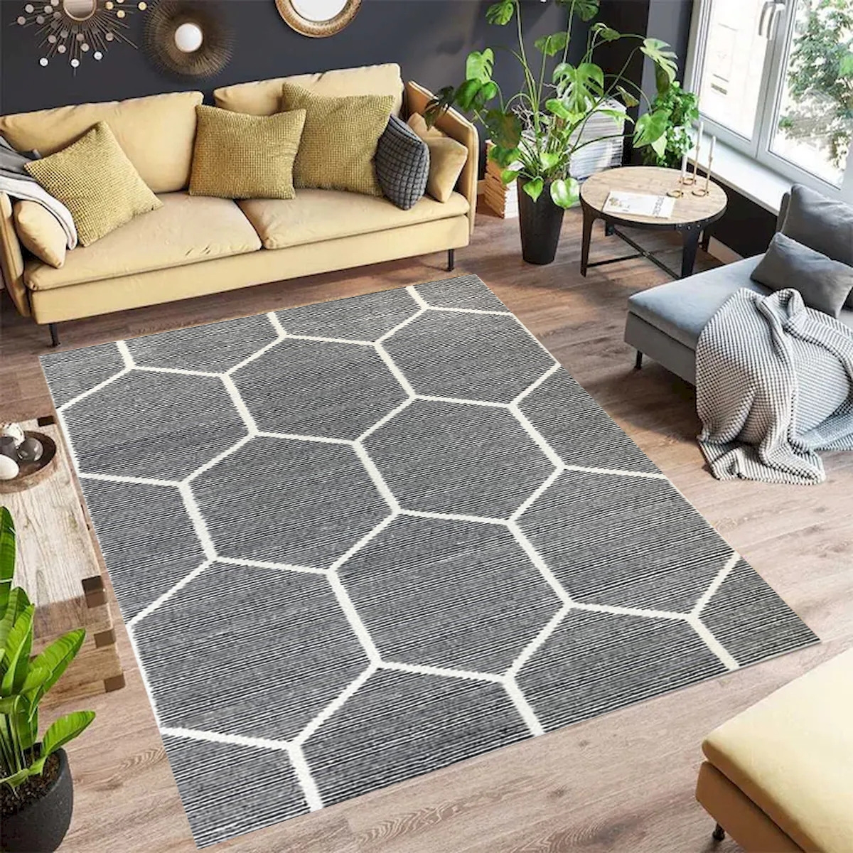 VA-JOR-81-100 Joris Black And White Geometric Pattern Handmade Wool Area Rug 8'X10'