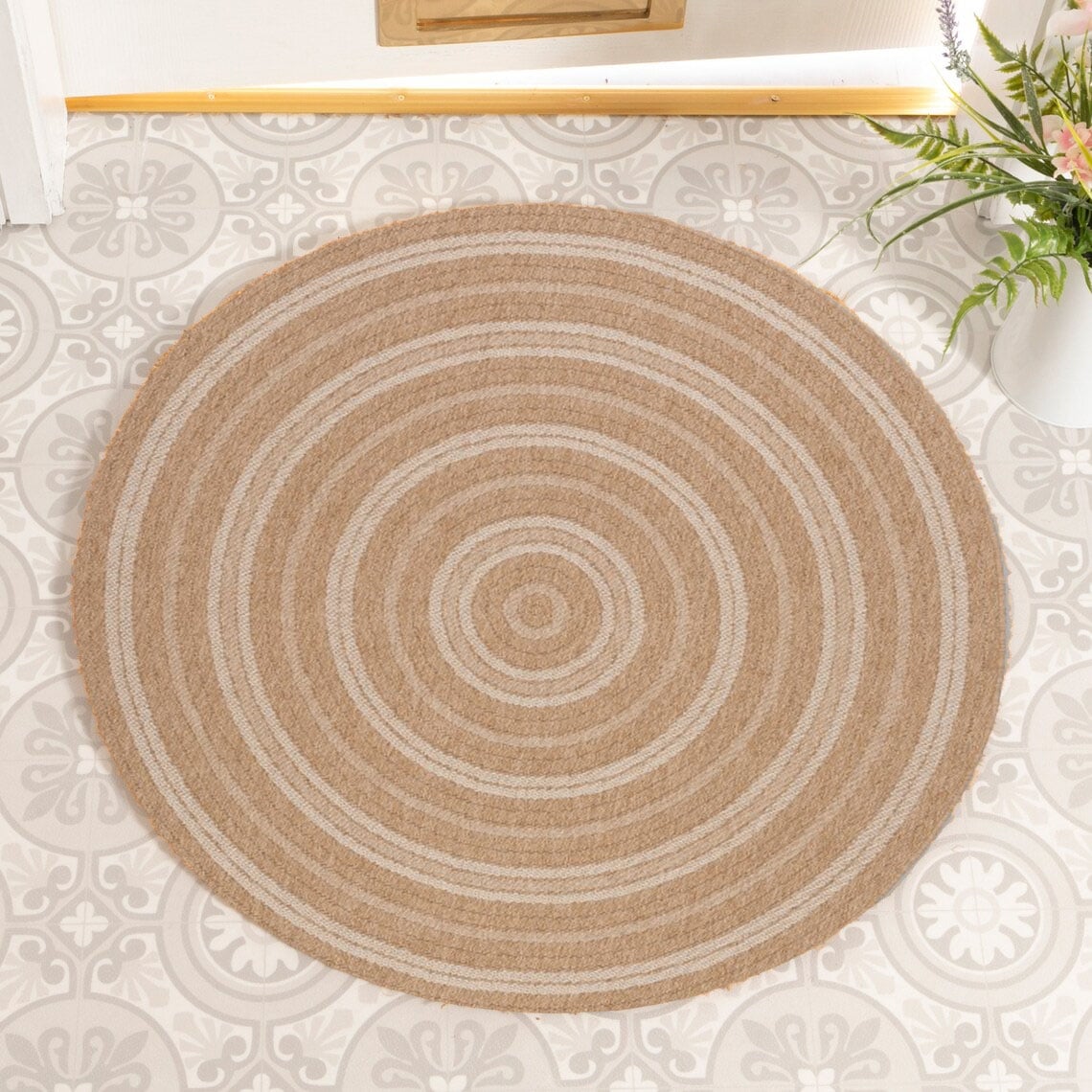 VA-AVA-66-08863AWHT Avanos Indoor Outdoor Brown And White Round Rug 6'X6'