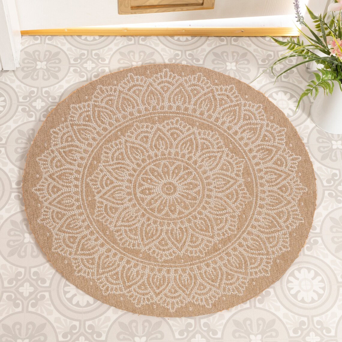VA-AVA-66-08872AWHT Avanos Indoor Outdoor Brown And White Mandala Pattern Rug 6'X6'