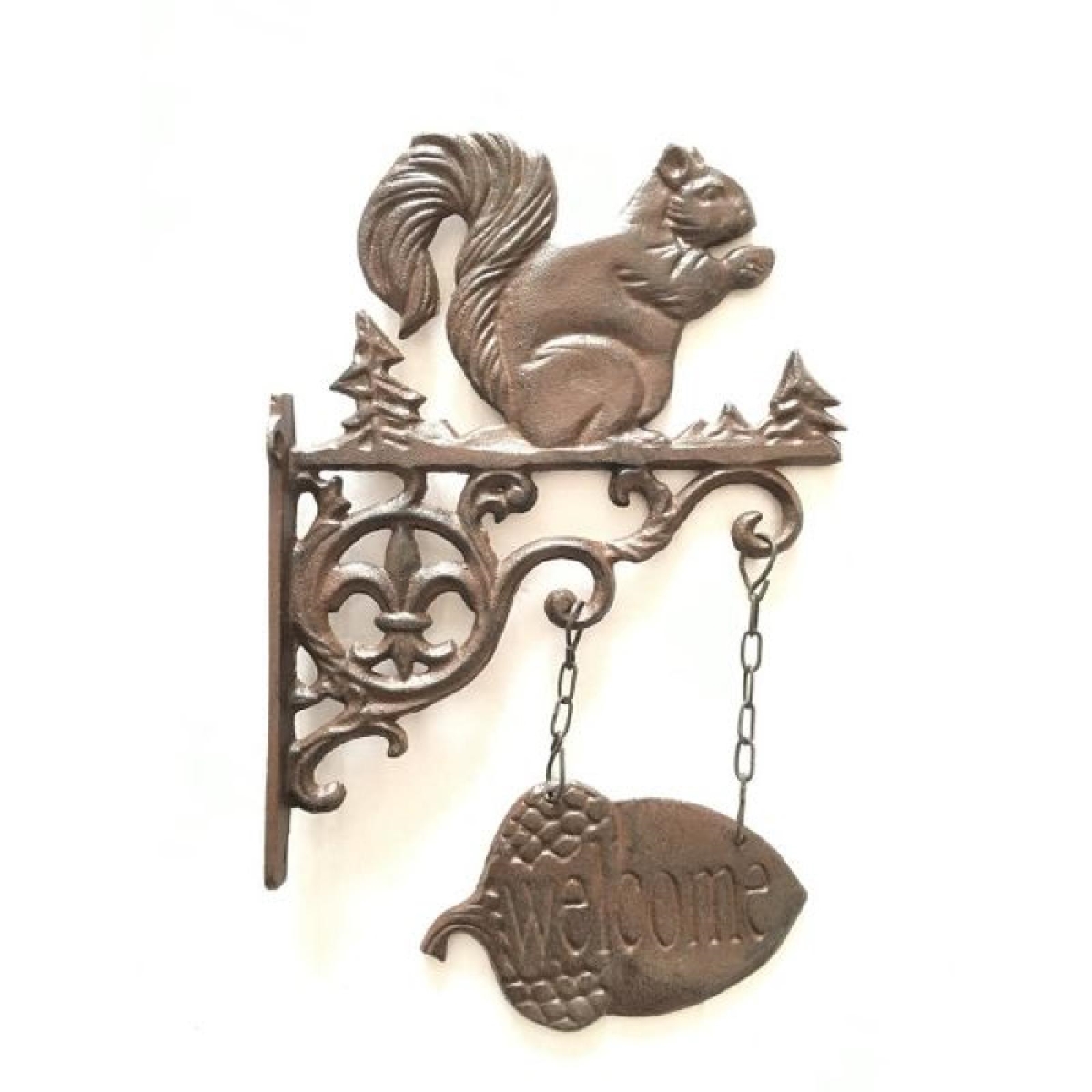 AP-CIR1002SQ_Q01 Cast Iron Wall Mount Squirrel On A Hanging Welcome Acorn Sign