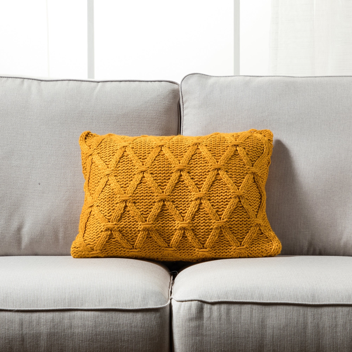 HU-BC1420HUYWOF Yellow Diamond Pattern Knit With Feather Down Insert Pillow