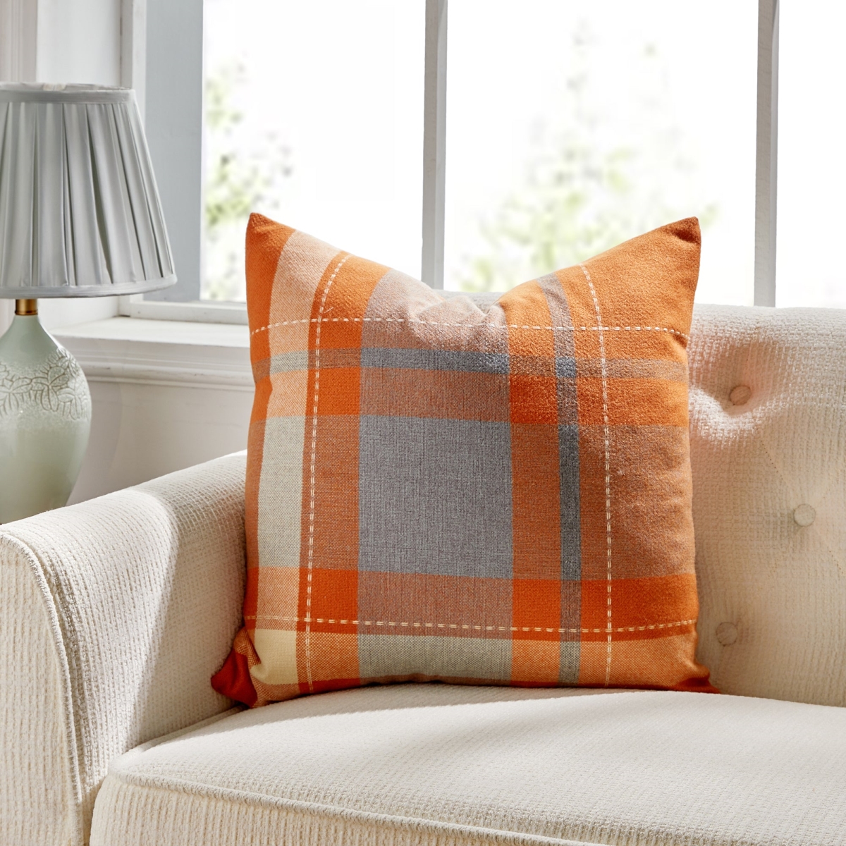Manhattan Orange & Gray Check Pillow - 22in.x22in. - Polyester Insert - Plush Comfort