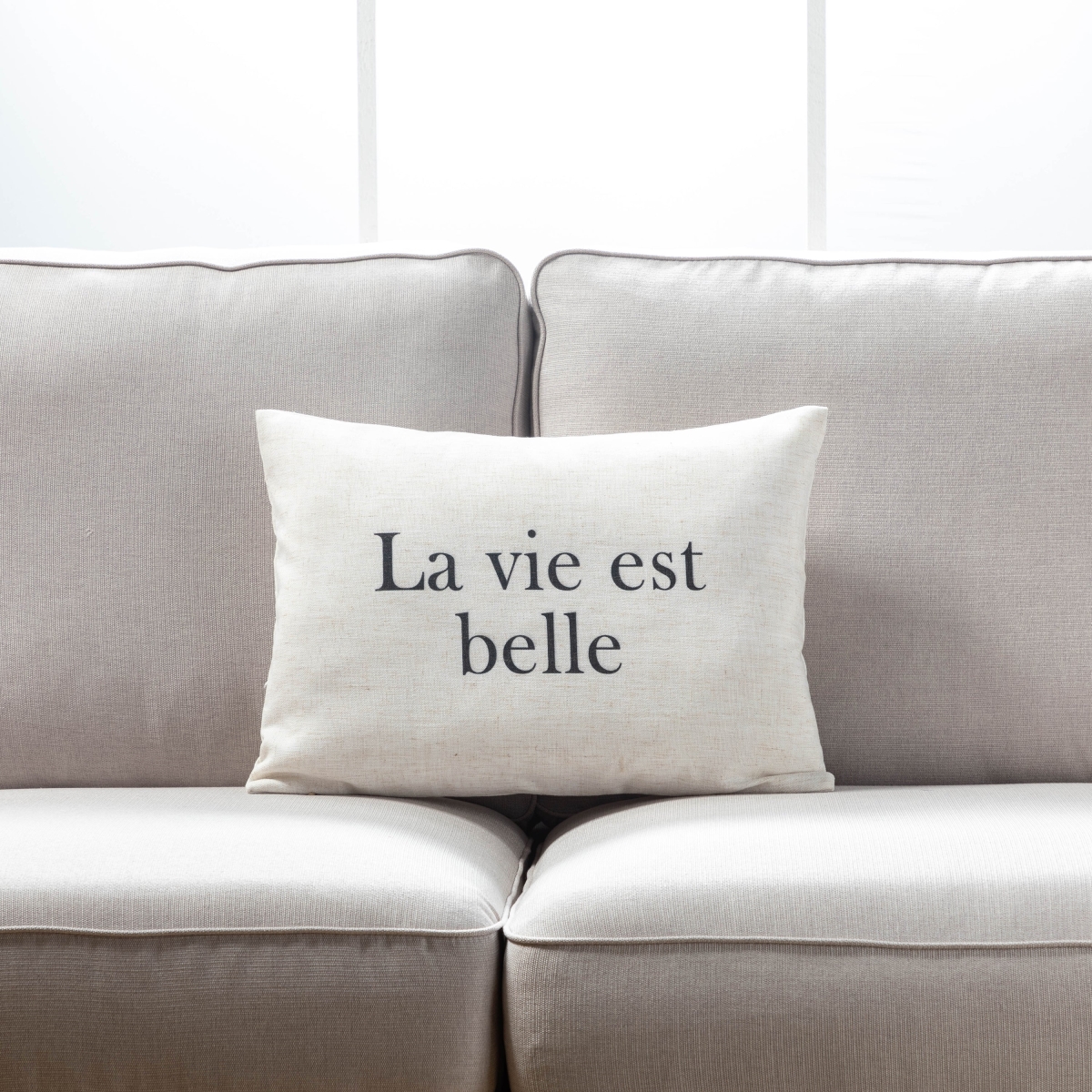 HU-LV1420JTLVBOF La Vie Est Belle Text On White With Feather Down Insert Pillow