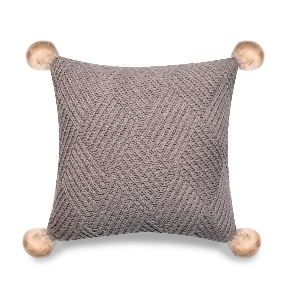 Gray Machine Knit With Pom Poms Pillow Cover