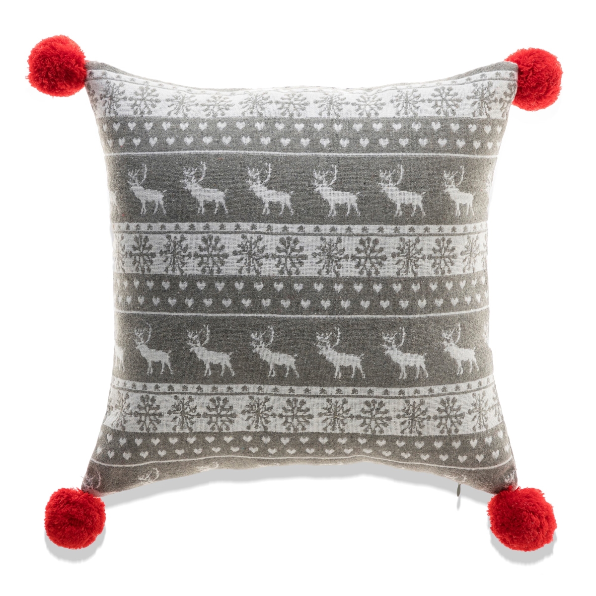 HU-PP1818JSHSXX Gray And White Reindeer And Snowflakes Pattern With Red Pom Poms Pillow Cover
