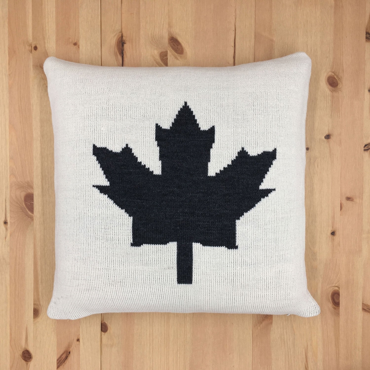HU-OC1818LL04OP Dark Gray Maple Leaf On Ivory Background Machine Knit With Polyester Insert Pillow