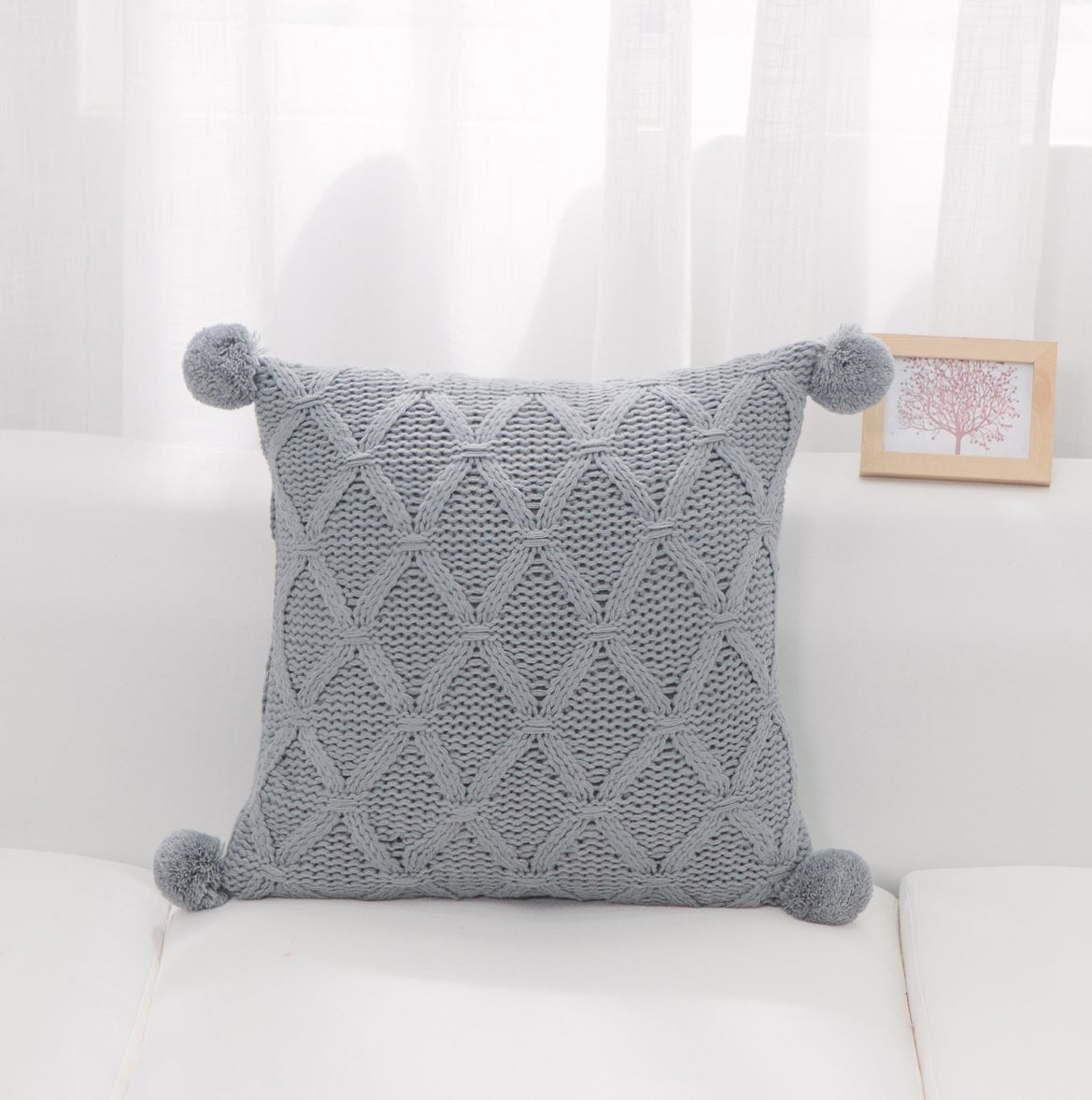 HU-PP1818ELGYOP Gray Diamond Pattern Knit With Matching Pom Poms And Polyester Insert Pillow