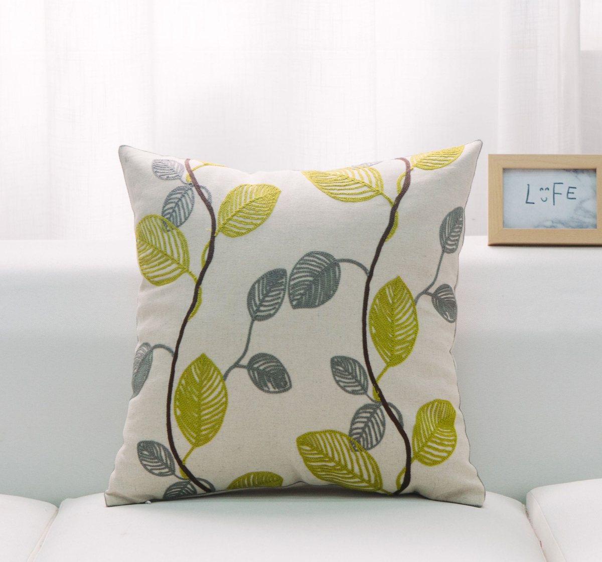 HU-LF1818KS03XX White With Lime Green And Gray Leaves Pillow Cover