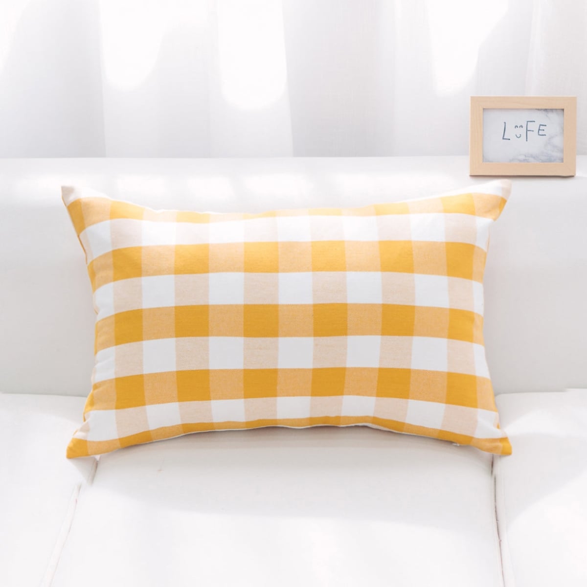 HU-BC1624NTYWOP Yellow And White Buffalo Check Lumbar With Polyester Insert Pillow