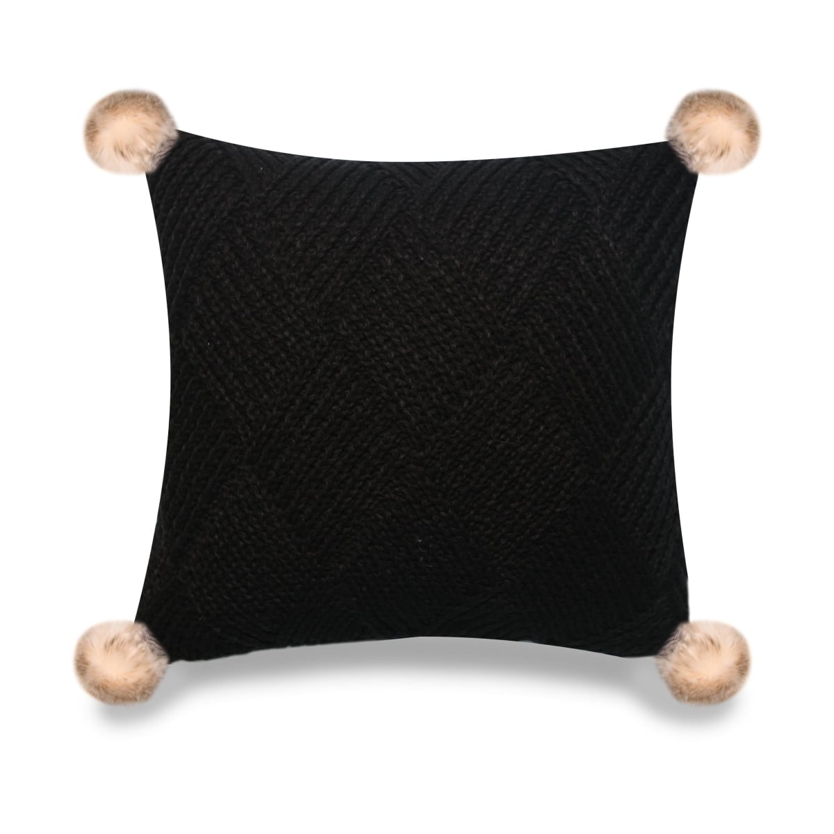 HU-PP1818EL01OP Black Machine Knit With Pom Poms And Polyester Insert Pillow