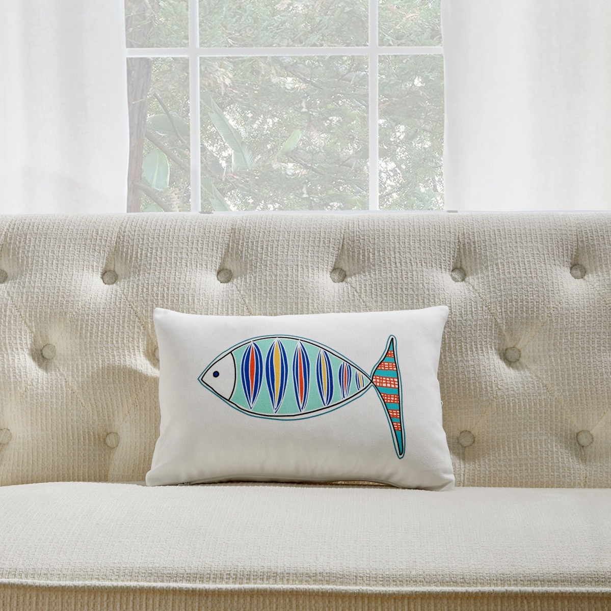 HU-SU1218IC2NOP White With Multi Color Fish And Polyester Insert Pillow