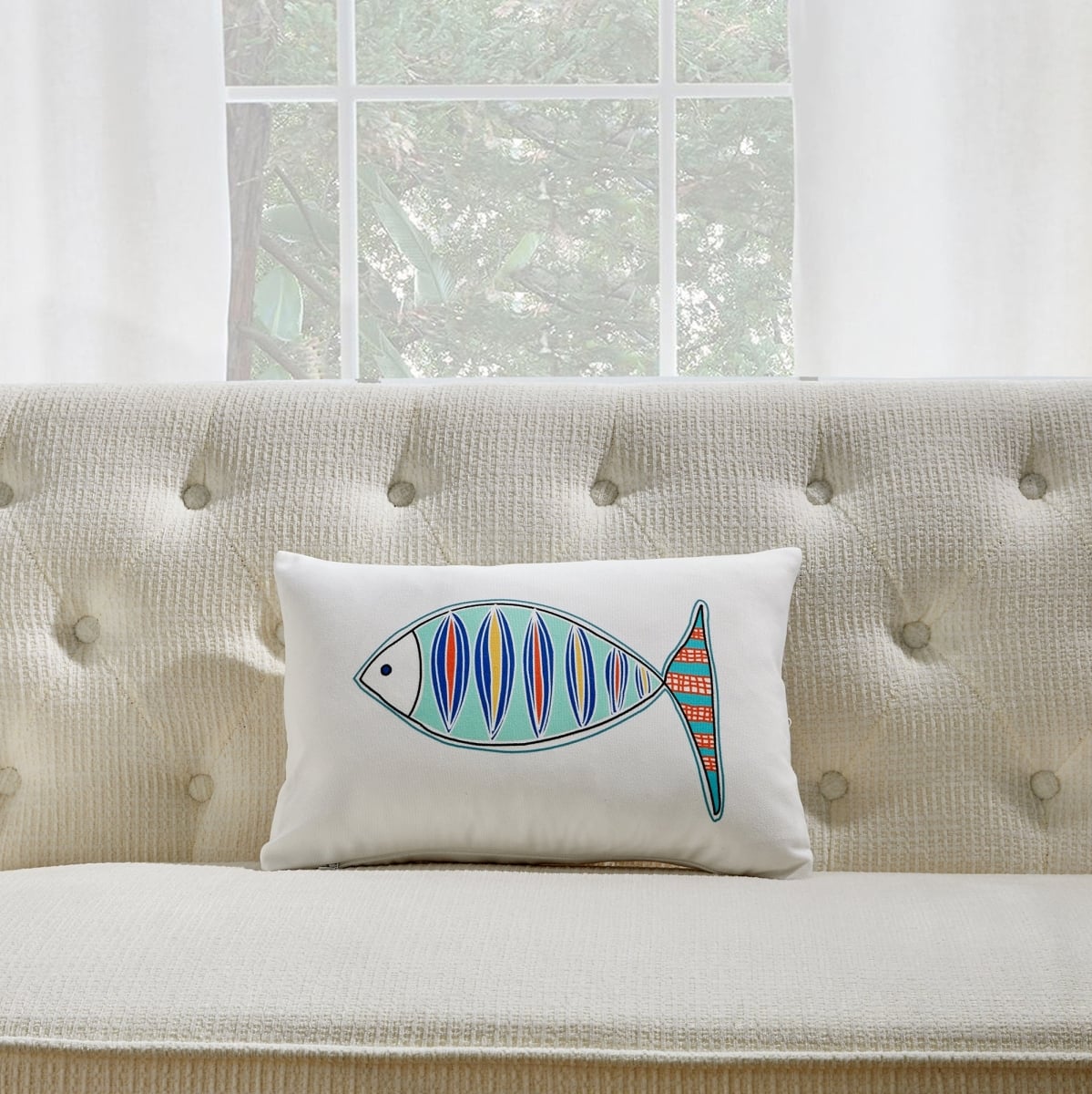 HU-SU1218IC2NOF White With Multi Color Fish And Feather Down Insert Pillow