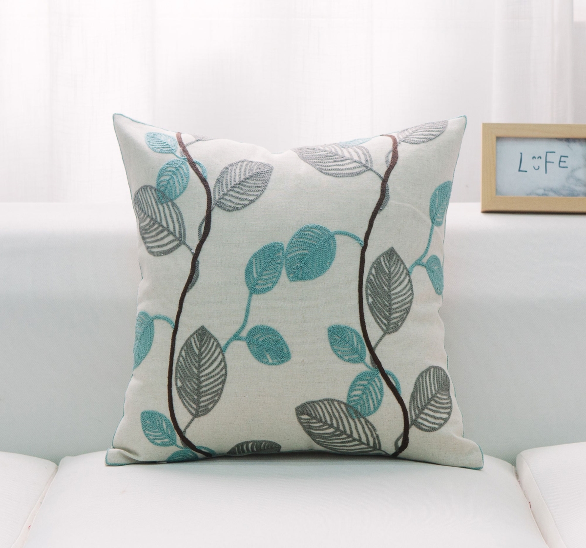 HU-LF1818KS01OP White With Teal And Gray Leaves And Polyester Insert Pillow