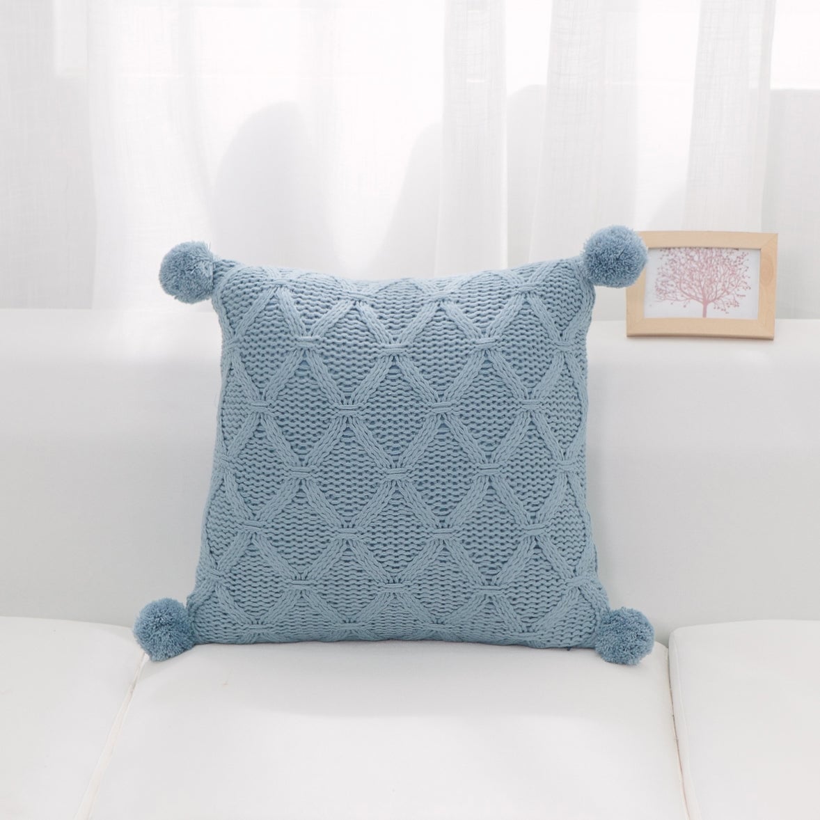HU-PP1818ELBLOP Blue Diamond Pattern Knit With Matching Pom Poms And Polyester Insert Pillow