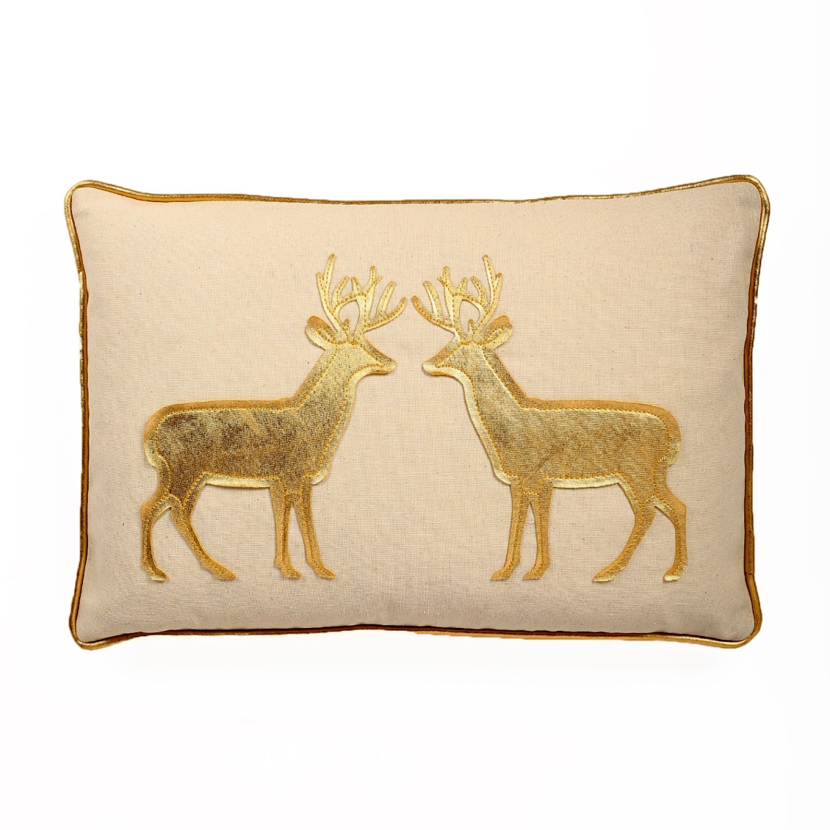 HU-HS1218DRG1OF Gold With Two Reindeers Applique And Feather Down Insert Pillow