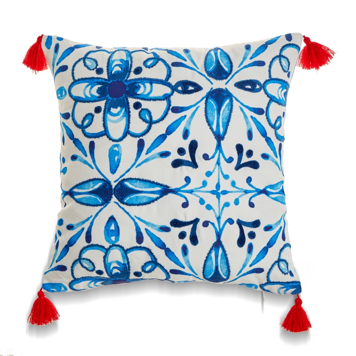 HU-MO1818JSBLXX Fleur De Lis Pattern With Red Tassels Pillow Cover