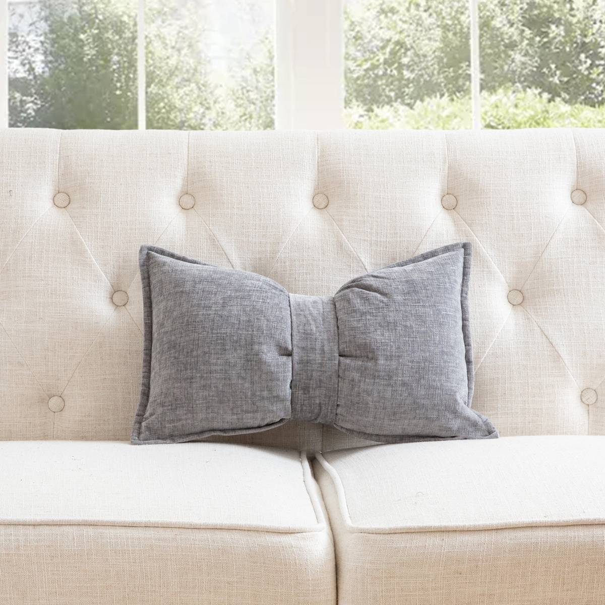 HU-SS1220EG03GYOF Gray Chenille With Belt And Feather Down Insert Pillow