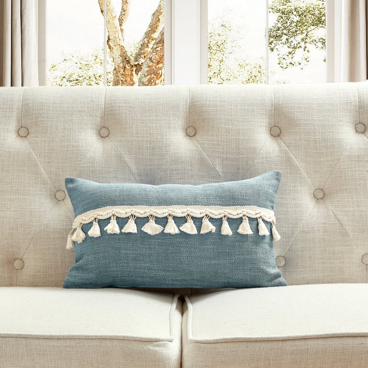 HU-CG1220HYBLOP Blue Chenille Fabric With Tassel Accents And Polyester Insert Pillow