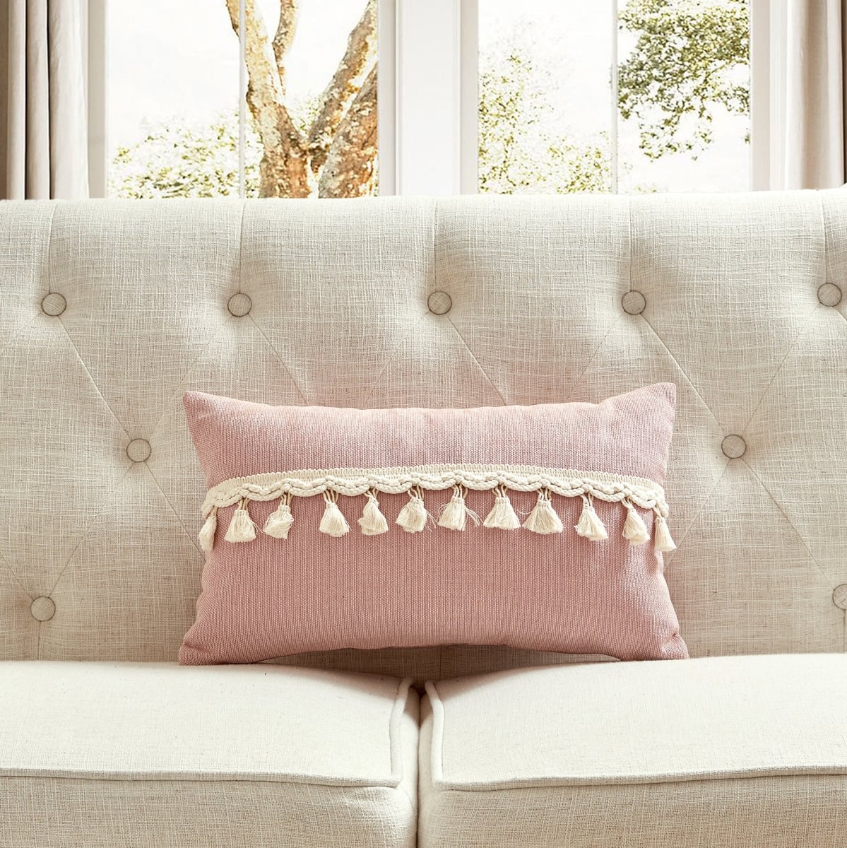 HU-CG1220HYPKOP Pink Chenille Fabric With Tassel Accents And Polyester Insert Pillow