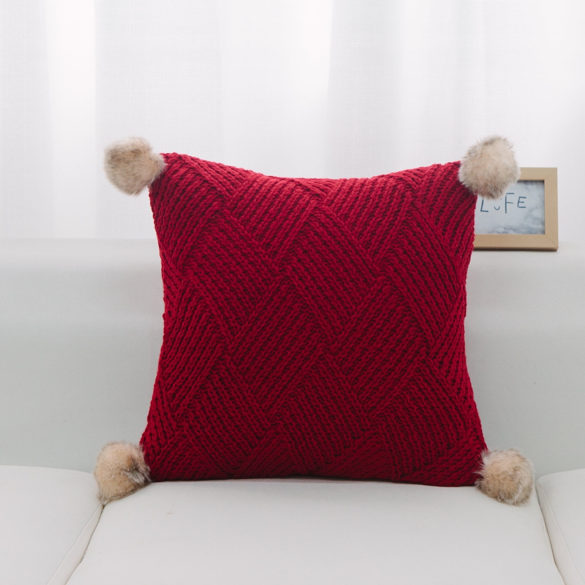 Red Machine Knit With Pom Poms Pillow Cover