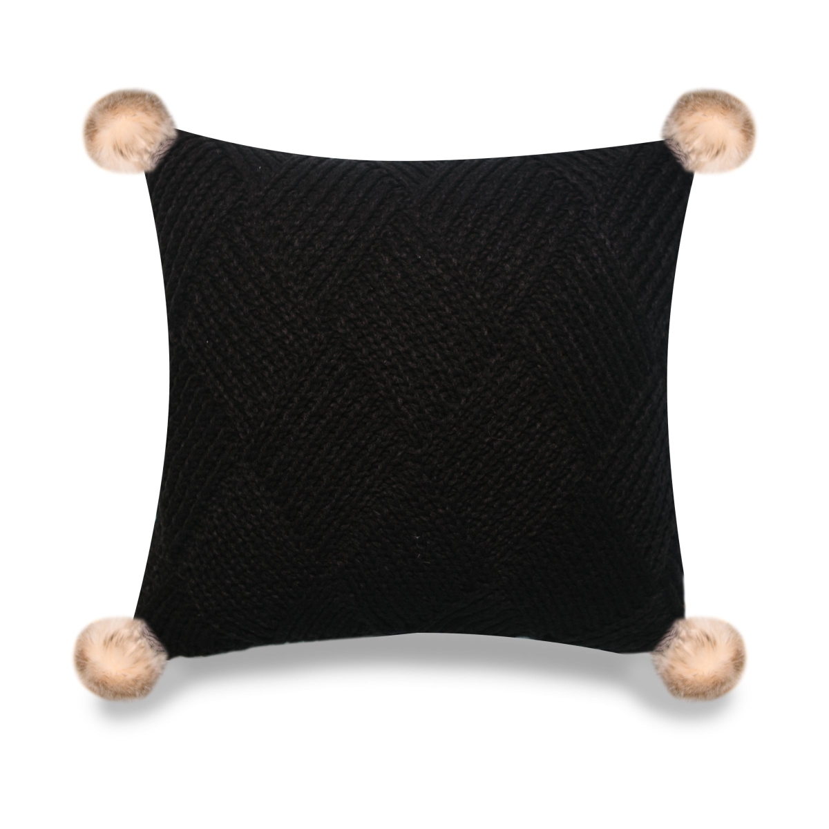 HU-PP1818EL01OF Black Machine Knit With Pom Poms And Feather Down Insert Pillow