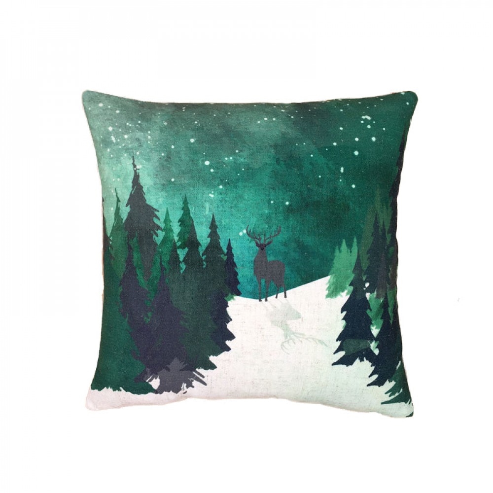 HU-RM1818IC04OP Stag On A Winters Night With Polyester Insert Pillow