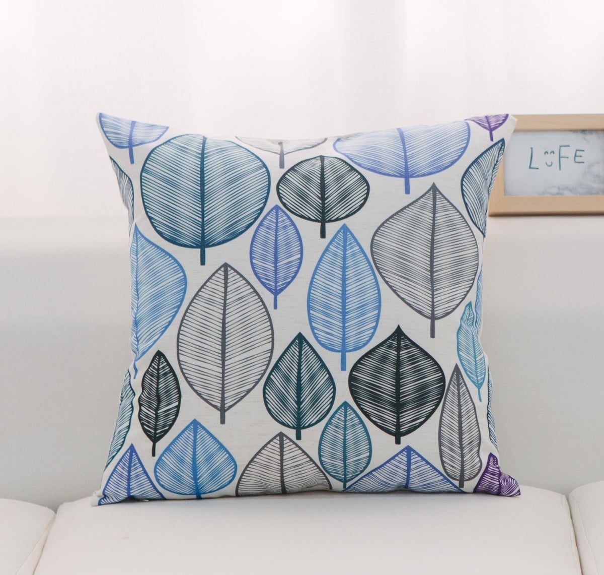 HU-LF1818IC04OP Blue, Gray And Black Leaves With Polyester Insert Pillow
