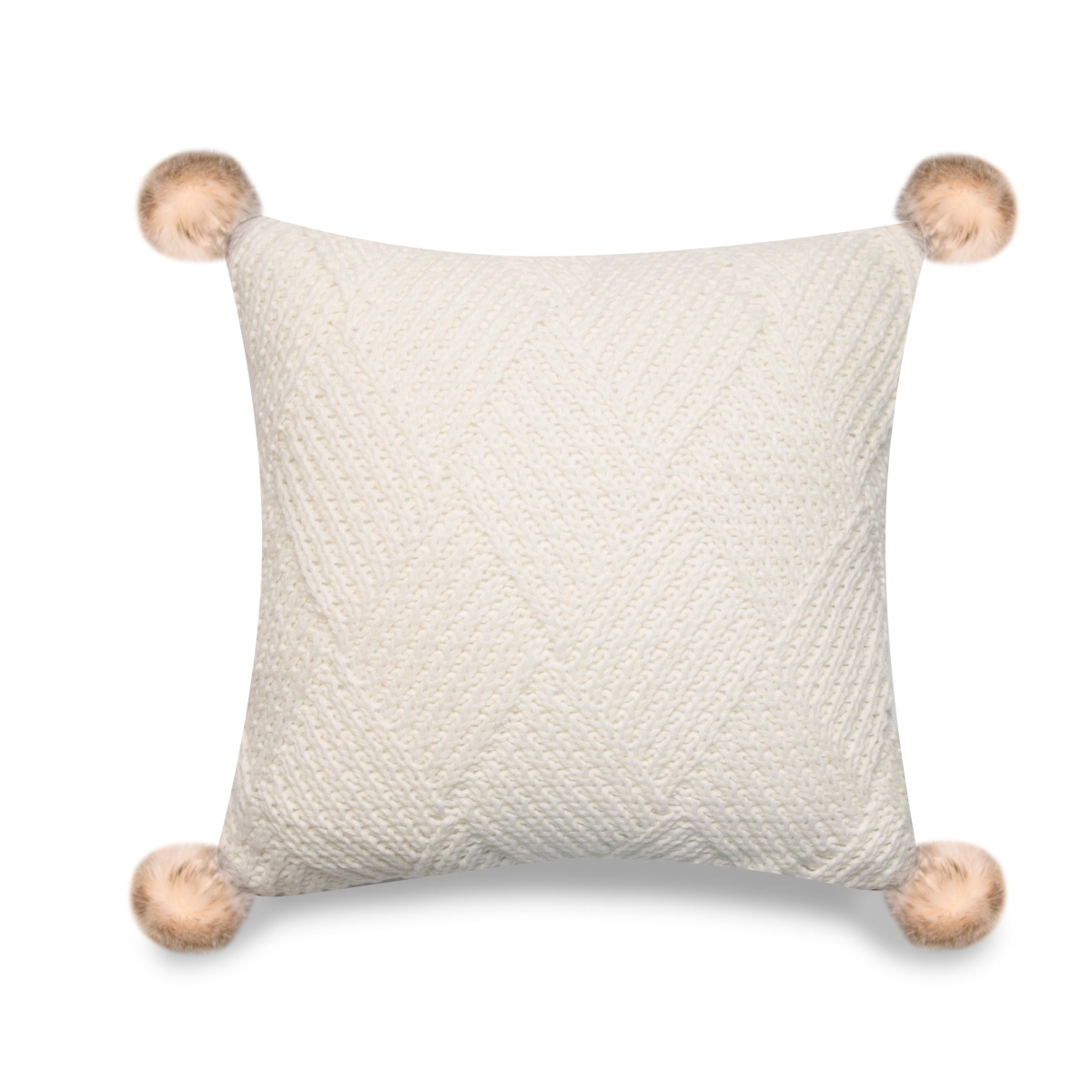 HU-PP1818EL04OP Ivory Machine Knit With Pom Poms And Polyester Insert Pillow
