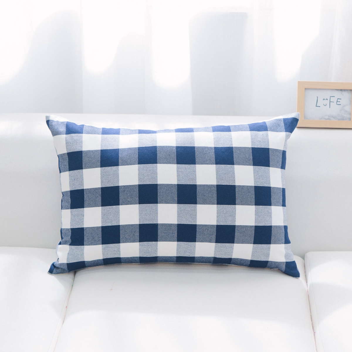 HU-BC1624NTIDOP Indigo And White Buffalo Check Lumbar With Polyester Insert Pillow