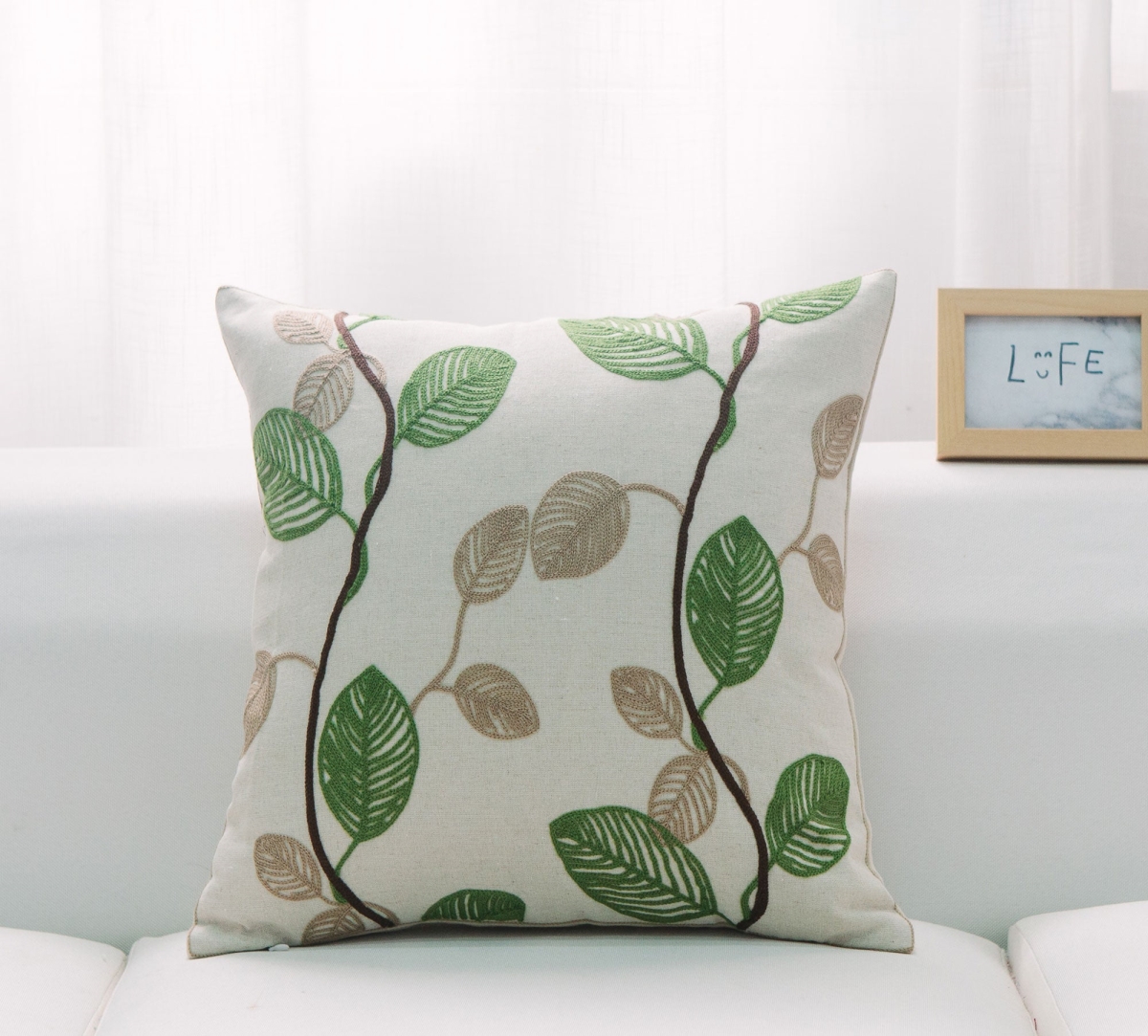 HU-LF1818KS04XX White With Green And Beige Leaves Pillow Cover
