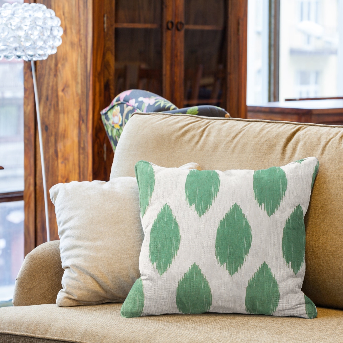 HU-ID2020ICGROP Green And White Ikat Pattern With Polyester Insert Pillow