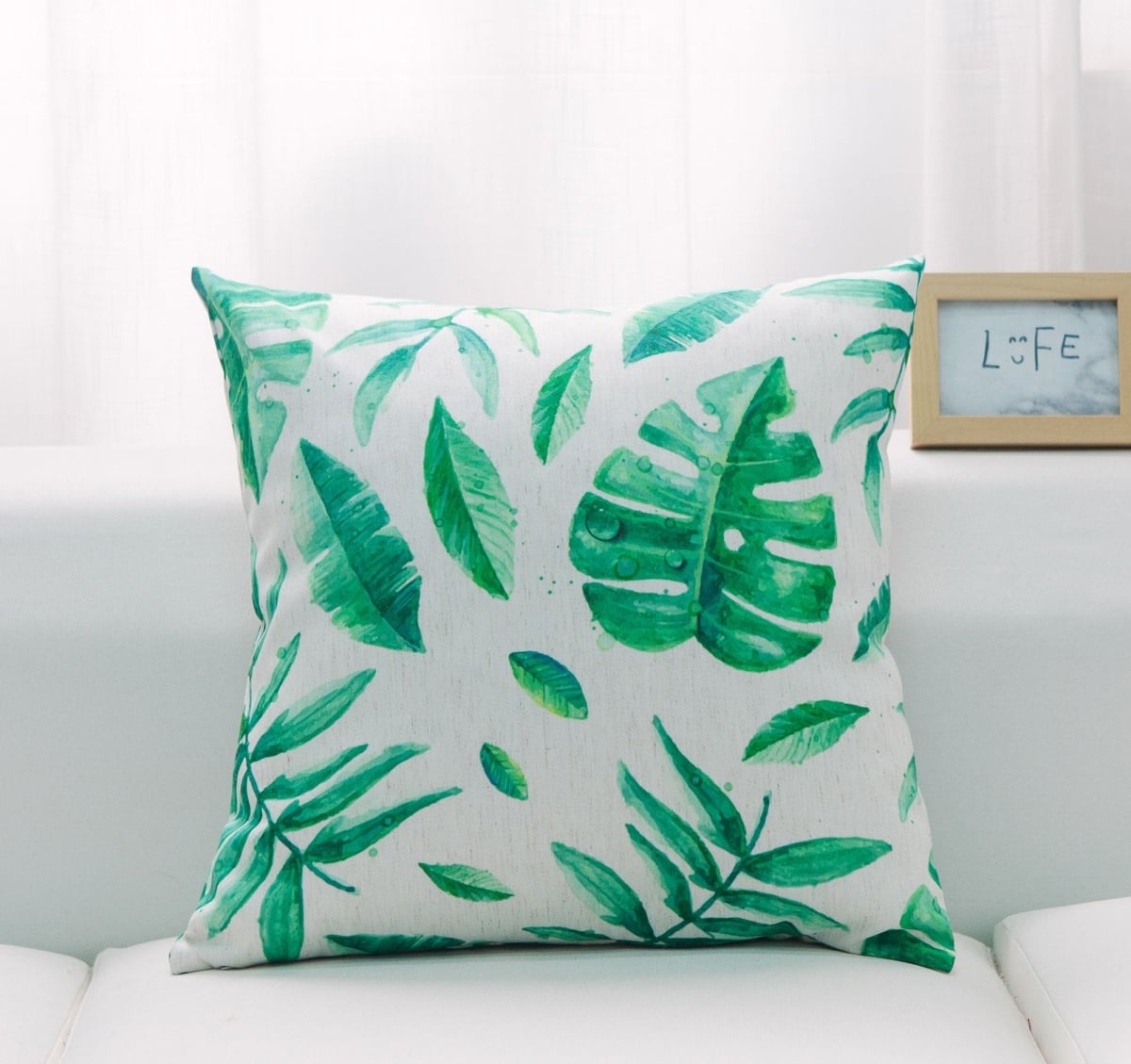 HU-LF1818IC05OP Green Tropical Leaves With 100% Polyester Insert Pillow