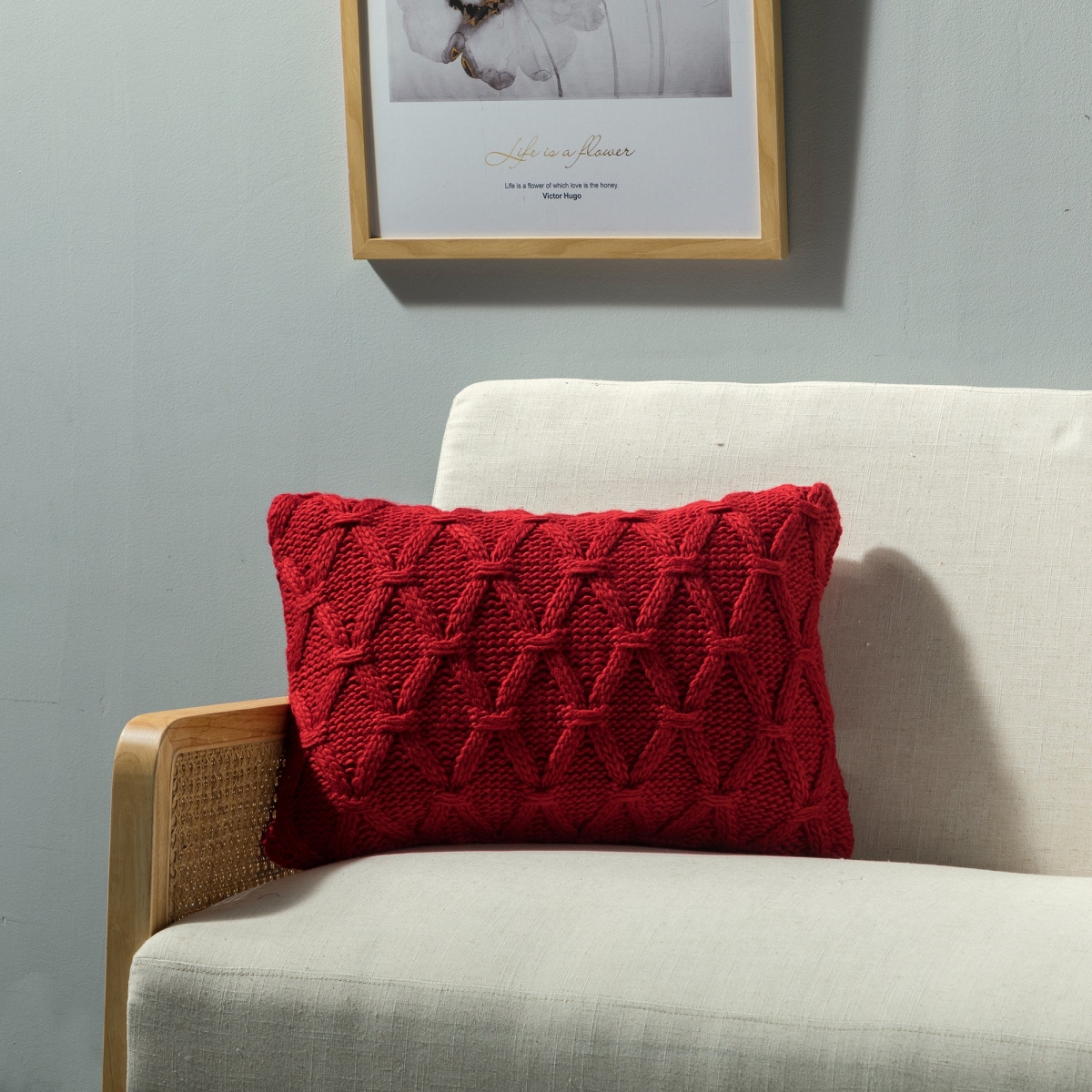 HU-BC1420HURDOF Red Cable Knit Diamond Pattern With Feather Down Insert Pillow