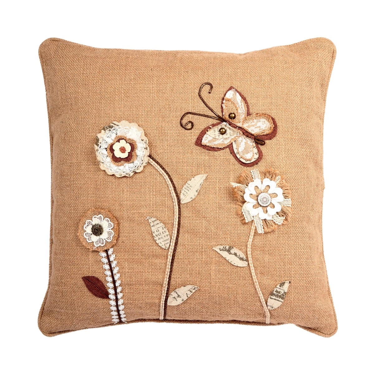 HU-NL1818JS02OP Flowers And Butterfly On Jute With Polyester Insert Pillow