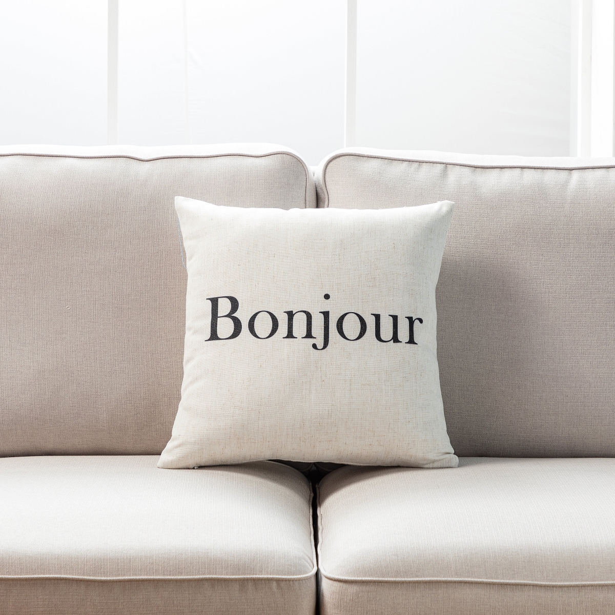 HU-LV1818JTBNJOP Bonjour Text On Whitewith Polyester Insert Pillow