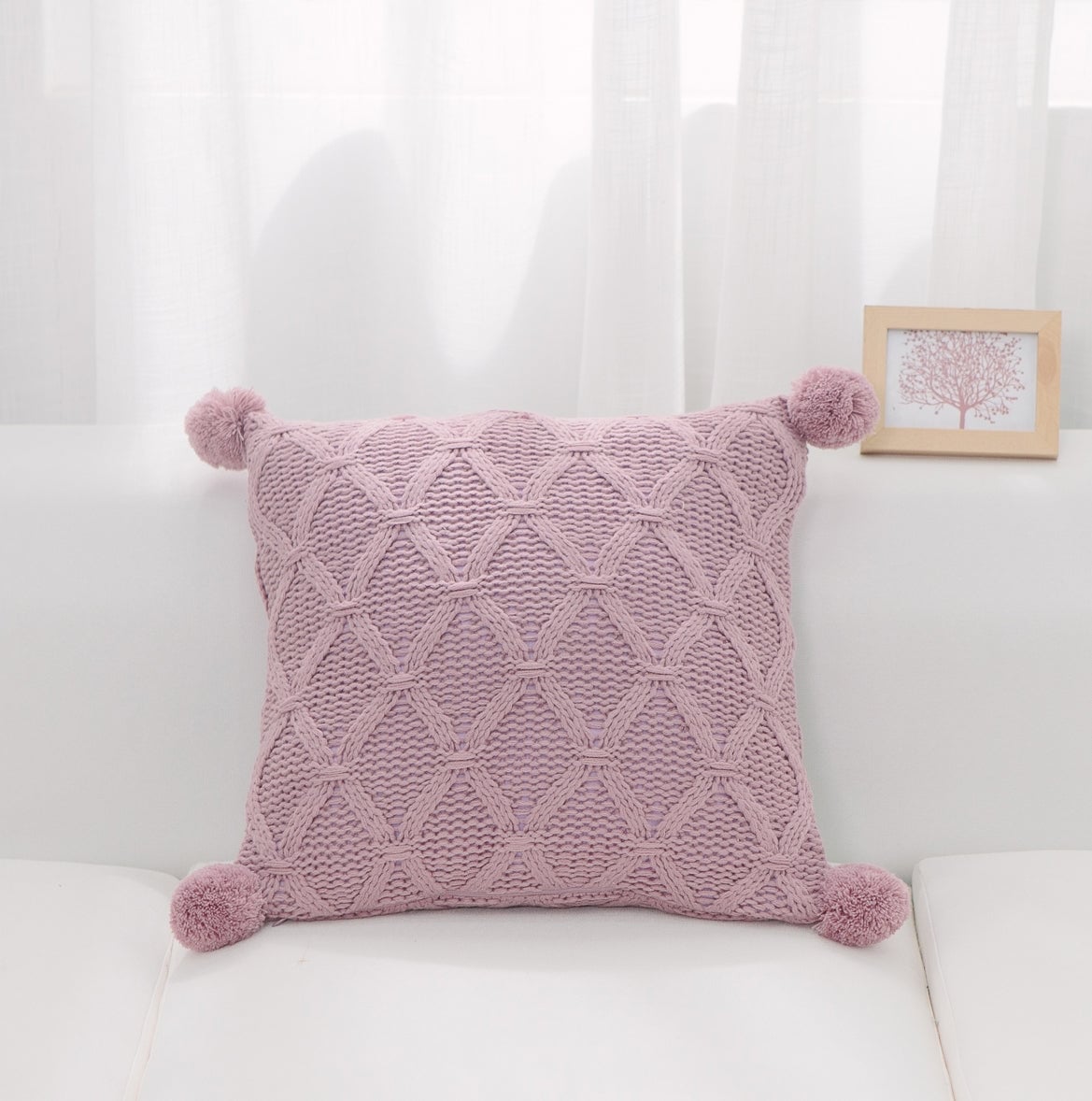 HU-PP1818ELPKOP Pink Diamond Pattern Knit With Matching Pom Poms And Polyester Insert Pillow