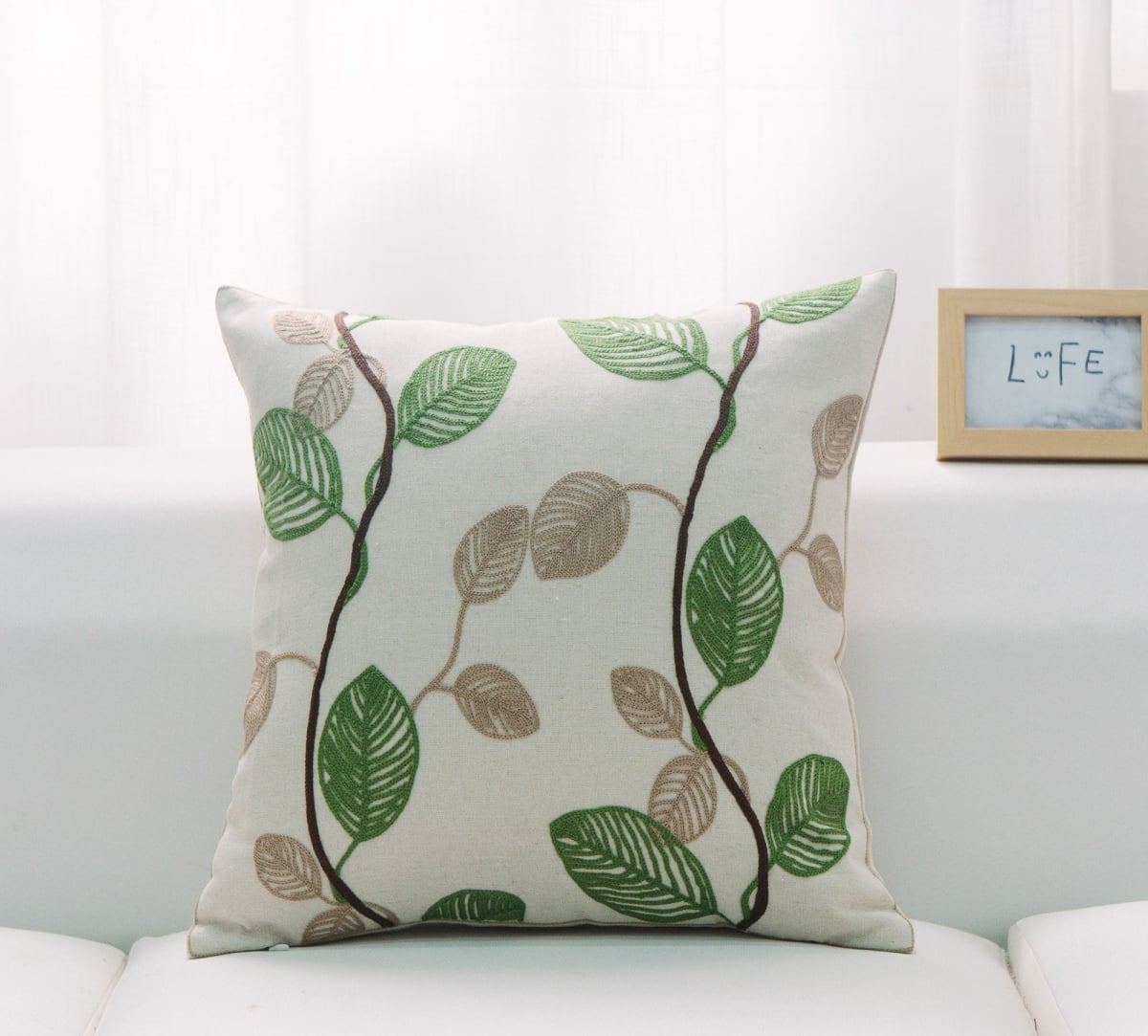 HU-LF1818KS04OF White With Green And Beige Leaves And Feather Down Insert Pillow