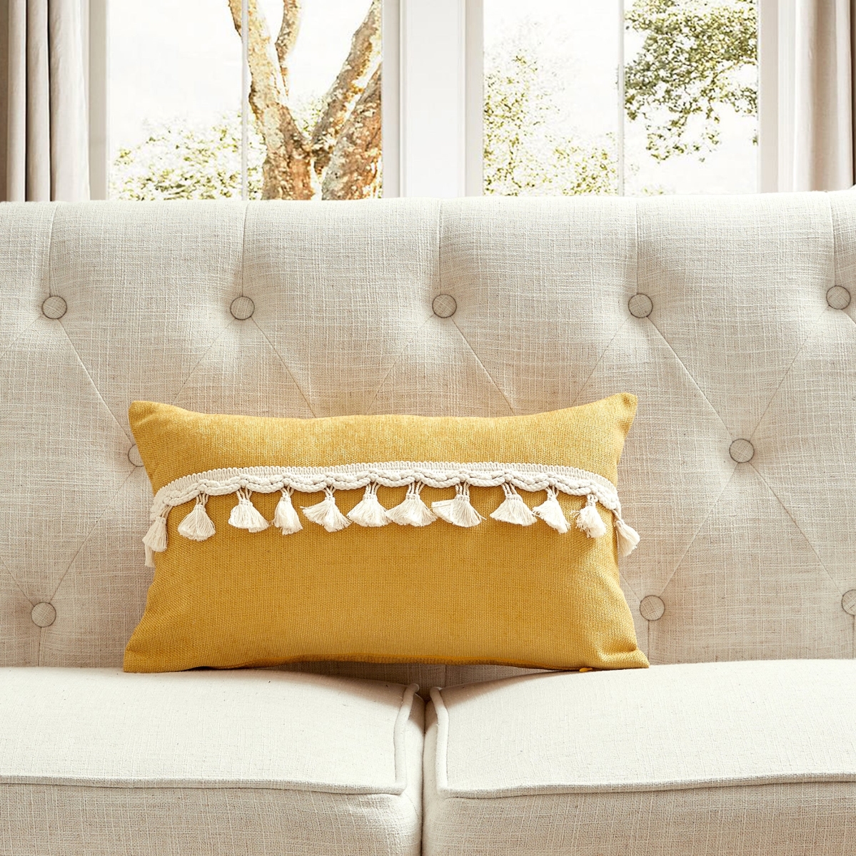 HU-CG1220HYYWOP Yellow Chenille Fabric With Tassel Accents And Polyester Insert Pillow