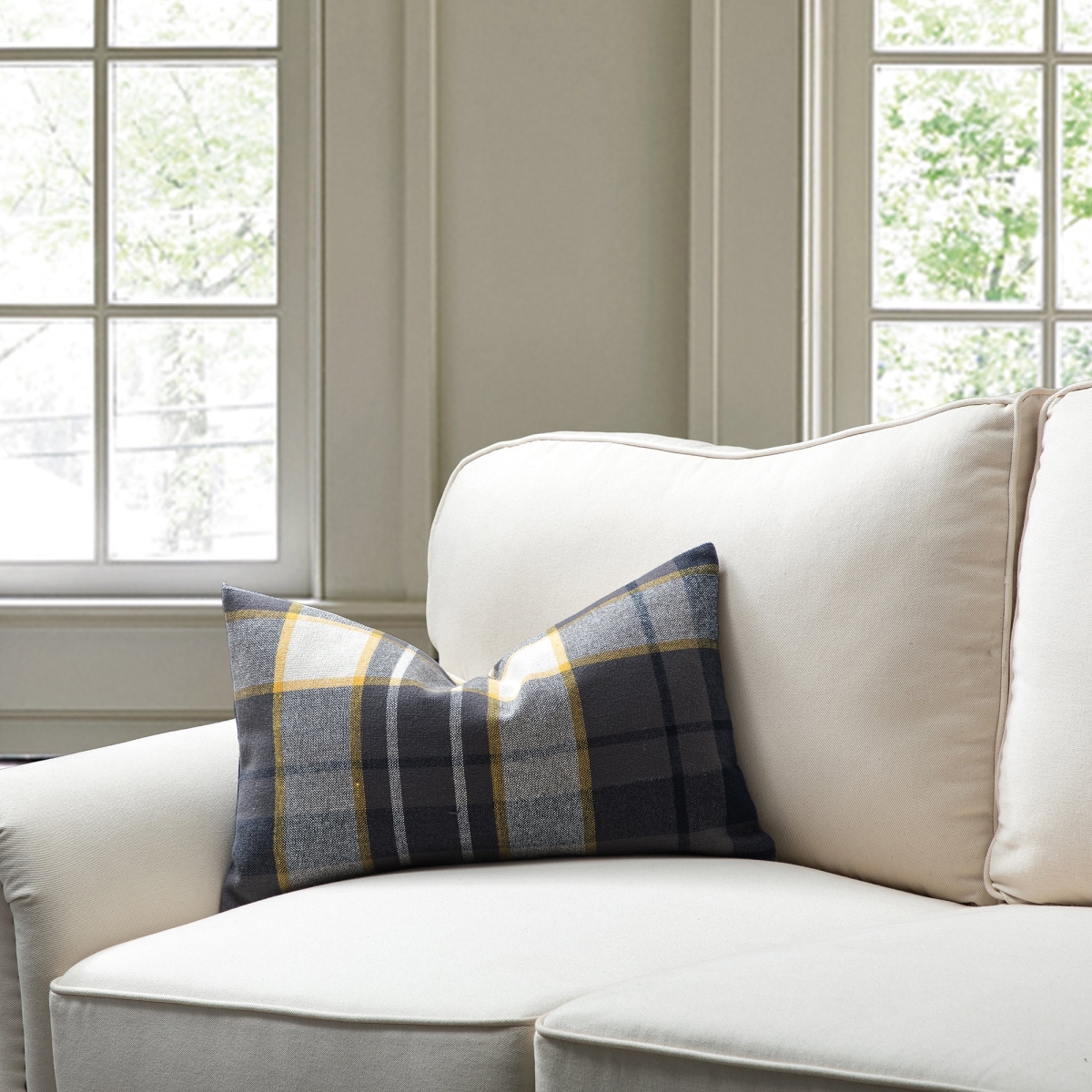 HU-MH1220EGGYOF Lumbar Gray With Yellow Check Pattern And Feather Down Insert Pillow