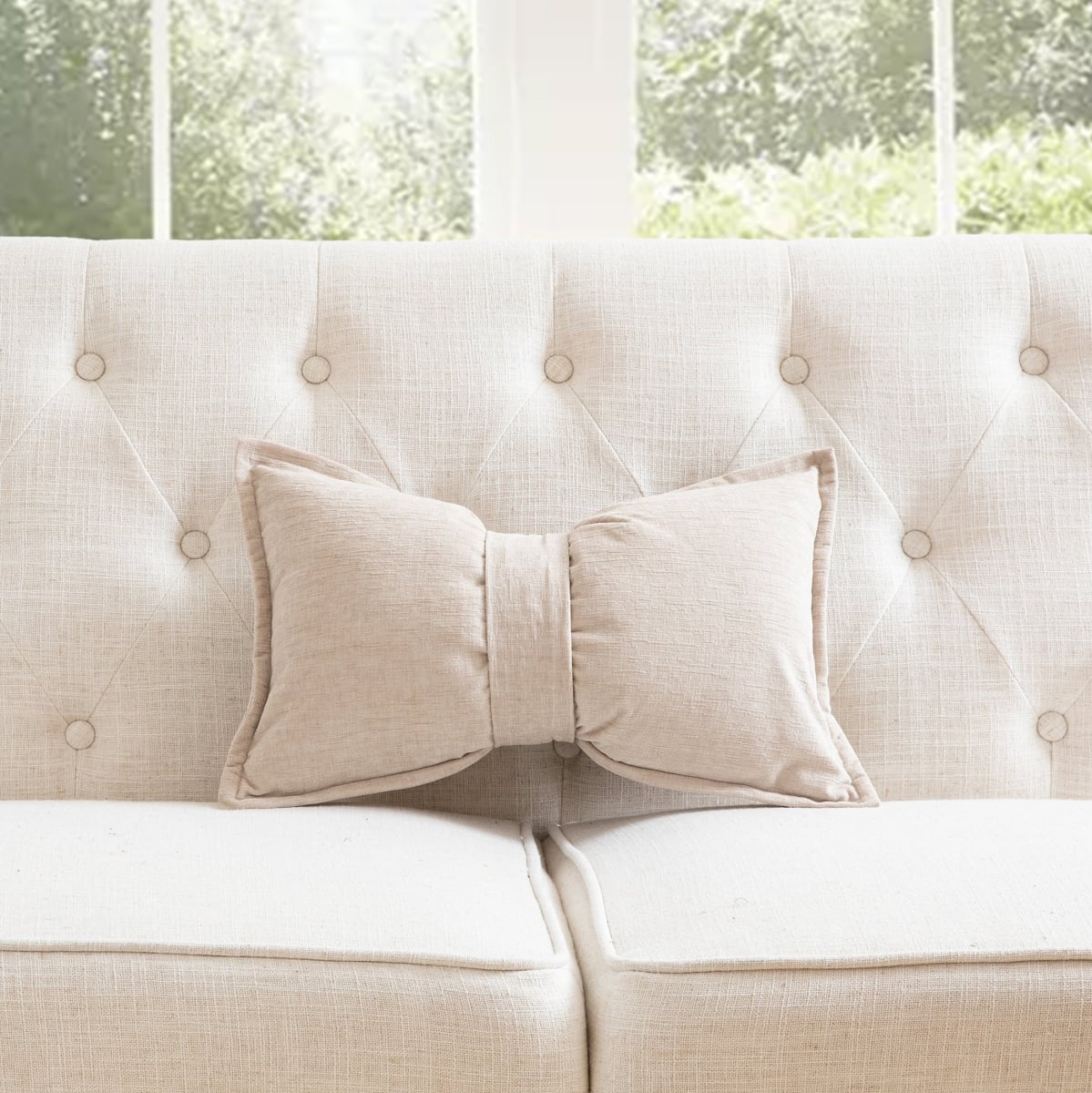 HU-SS1220EG03BGOF Beige Chenille With Belt And Feather Down Insert Pillow
