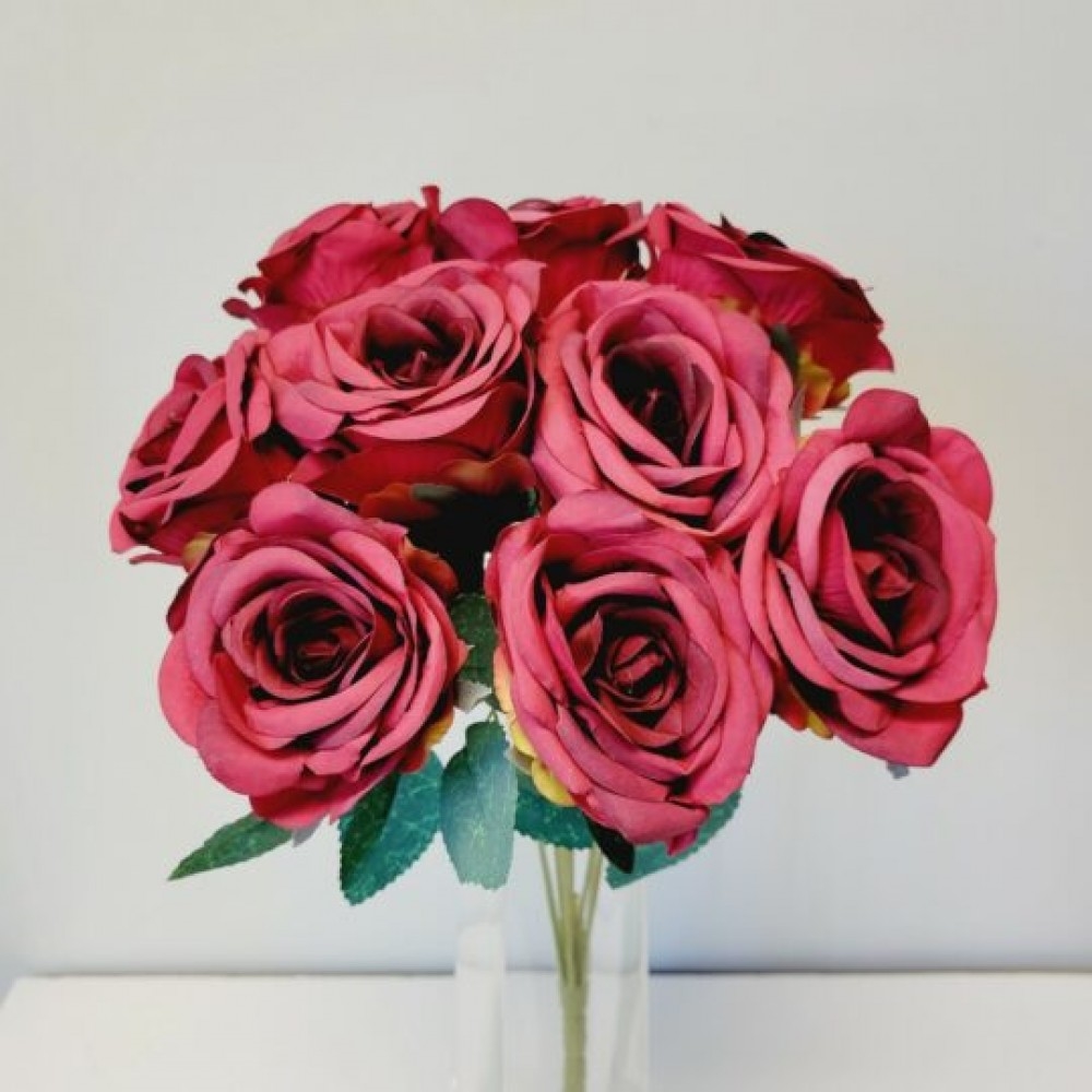 CM-GW533BU_Q01 Burgundy And Red Rose Bush Artificial Flowers
