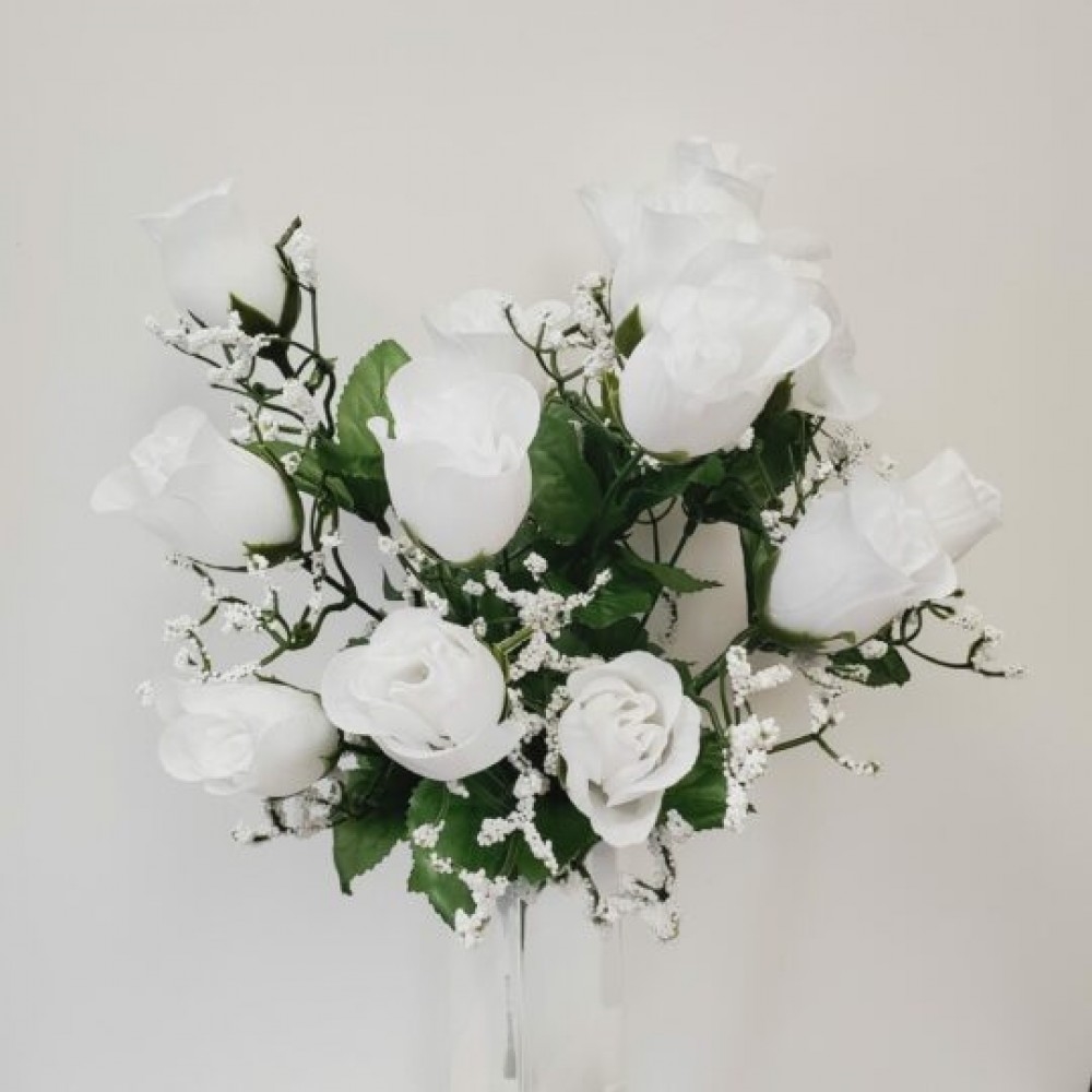 CM-NT002WH_Q01 White Rose Bud Bush Artificial Flowers