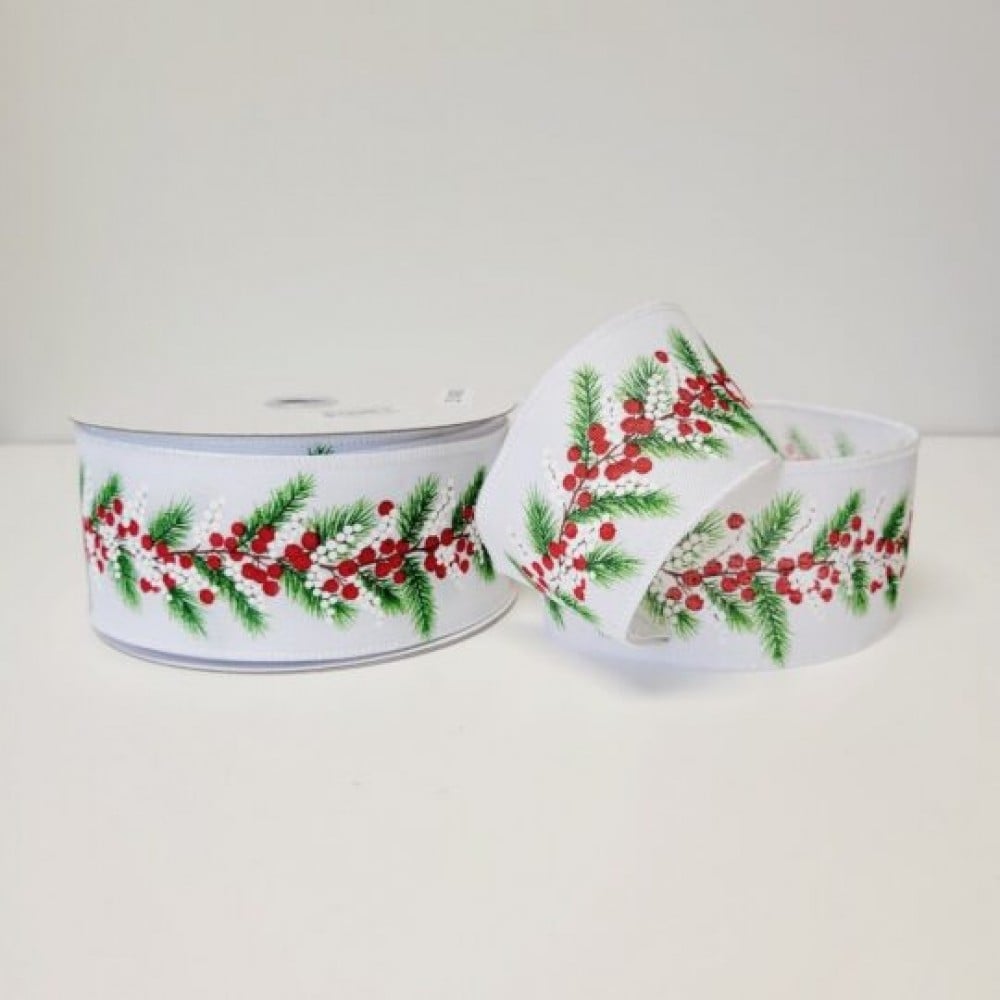 CM-OM486RW 25 Yards X 2.5? Berries And Pine Branches Ribbon
