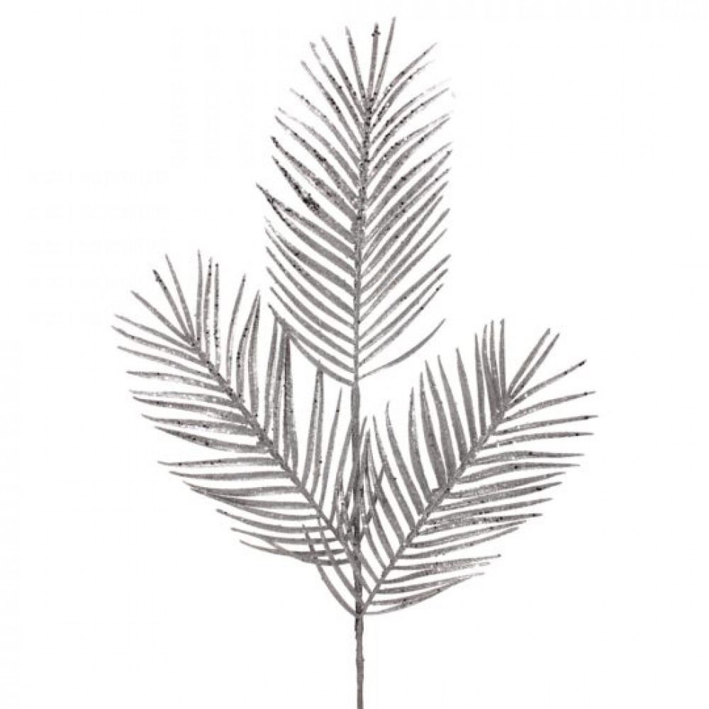CM-RT779SI_Q01 Silver Glittered Triple Palm Leaf Spray Faux Plants And Trees