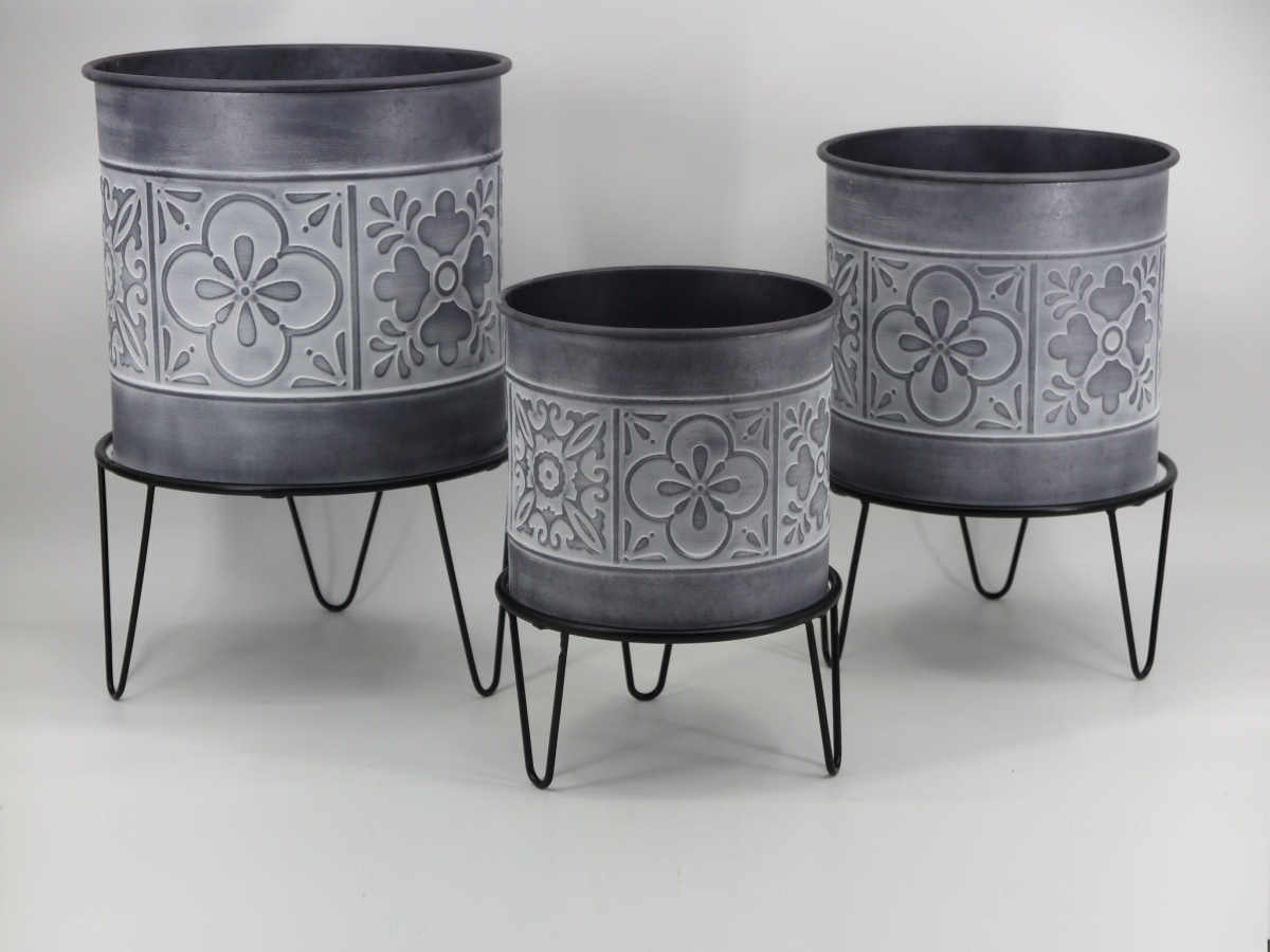 AI-GG9634 Set Of 3 White Washed Flower Pattern On Metal Legs Planters