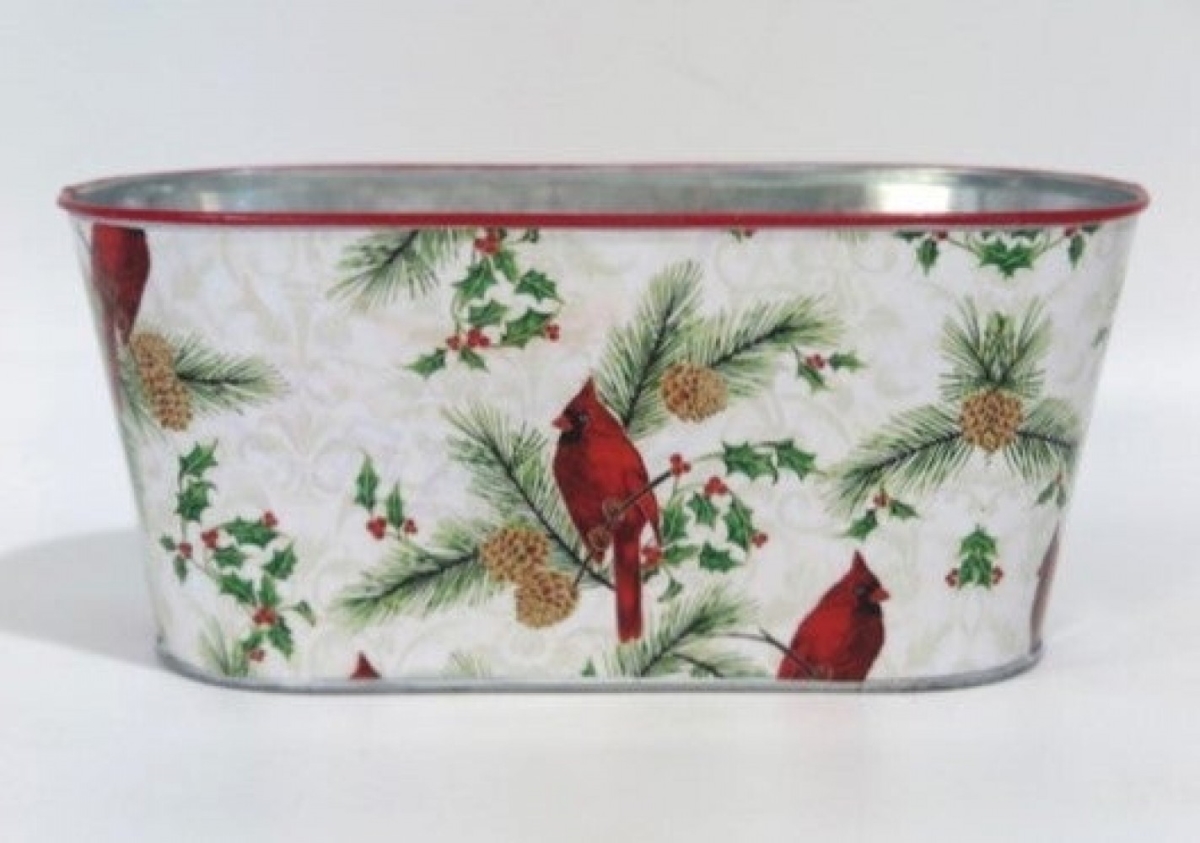 Cardinals On Branches On White Metal Planter